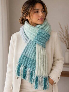 Soft Ribbed Knit Scarf in Mint and Teal Color Block with Fringe